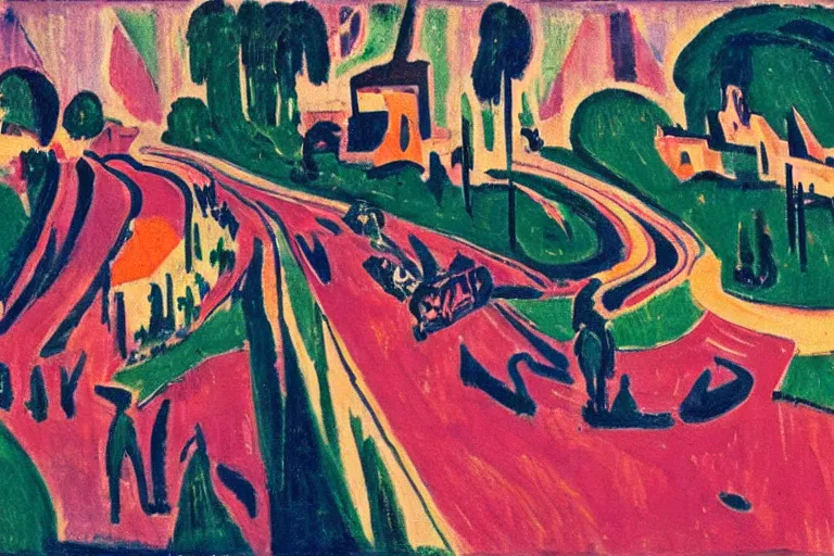 Prompt: watching traffic on a road that does loop - de - loops, a ernst ludwig kirchner realism painting