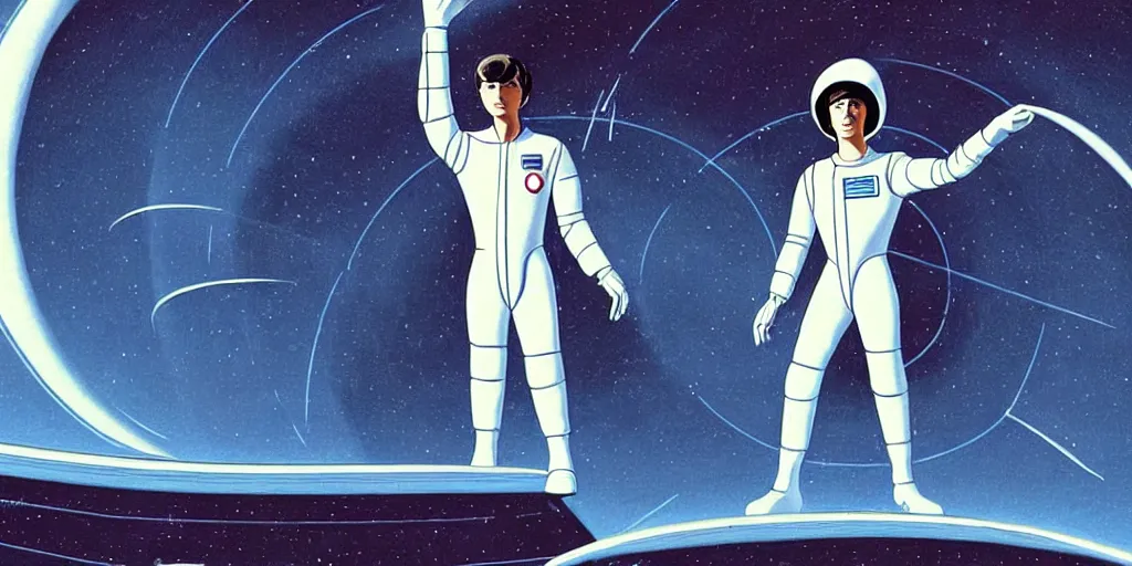 Image similar to a portrait of lonely single Alain Delon alone pilot in spacesuit posing in symmetrical spaceship station planet captain bridge outer worlds extraterrestrial hyper contrast well drawn in FANTASTIC PLANET La planète sauvage animation by René Laloux