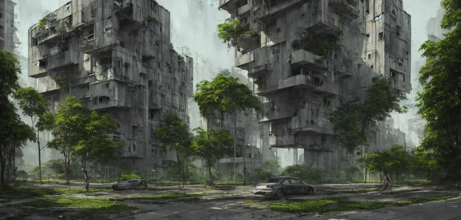 Prompt: brutalist architecture by Le Corbusier, abandoned derelict buildings, damaged structures, empty streetscapes, surrounded by lush green vegetation, volumetric lighting, digital painting, highly detailed, artstation, sharp focus, illustration, concept art, ruan jia, steve mccurry, amazing composition