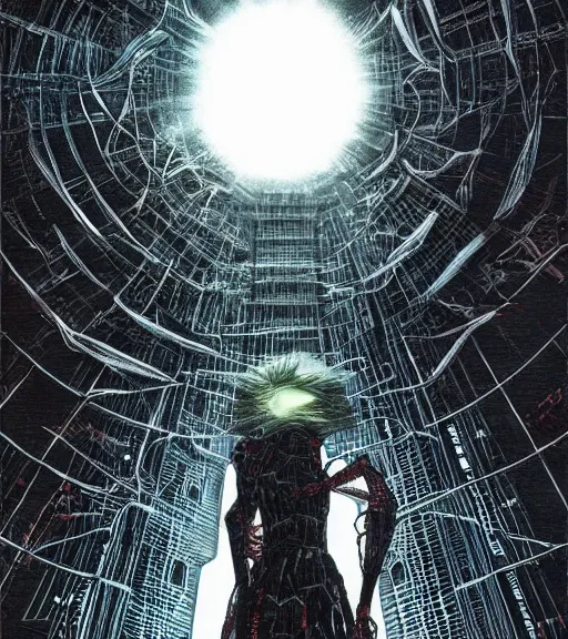 Image similar to tower of lies, colored manga, by tsutomu nihei, tarkovsky, majestic ancient tower of babylon of terror, a woman in cyber clothing, hyperrealistic, blame manga, full color, cyber architecture, intricate, illustration, concept art, hyper - detailed, smooth, masterpiece, epic, cinematic, high quality