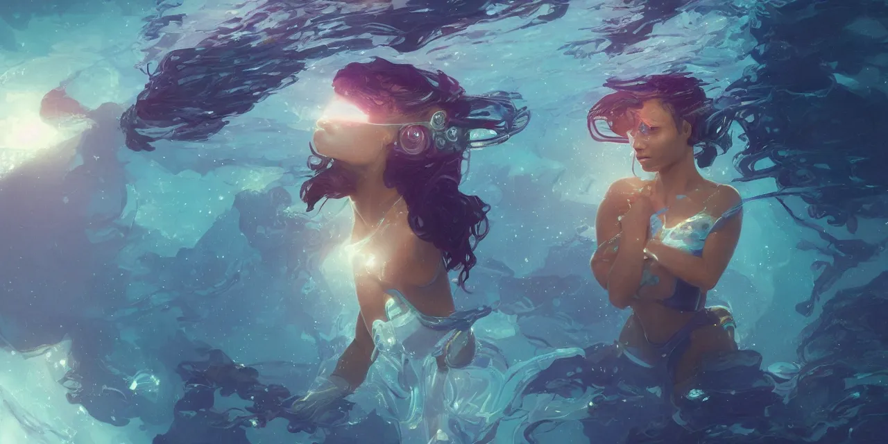 Image similar to dreamgirl zoe kravitz astronaut, underwater in the ocean at night, atmospheric, volumetric lighting, glowing lights, 4k, octane, digital painting, artstation, concept art, sharp focus, illustration, art by artgerm and greg rutkowski and alphonse mucha