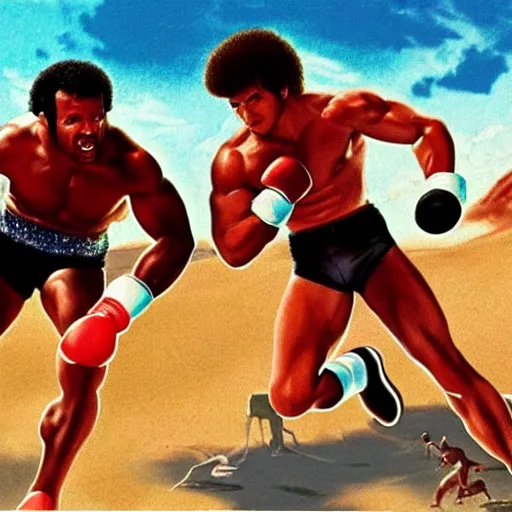 Prompt: rocky iii racing apollo and rocky on the beach, matte painting, beautiful, inspired, energetic, 8 0 s colors