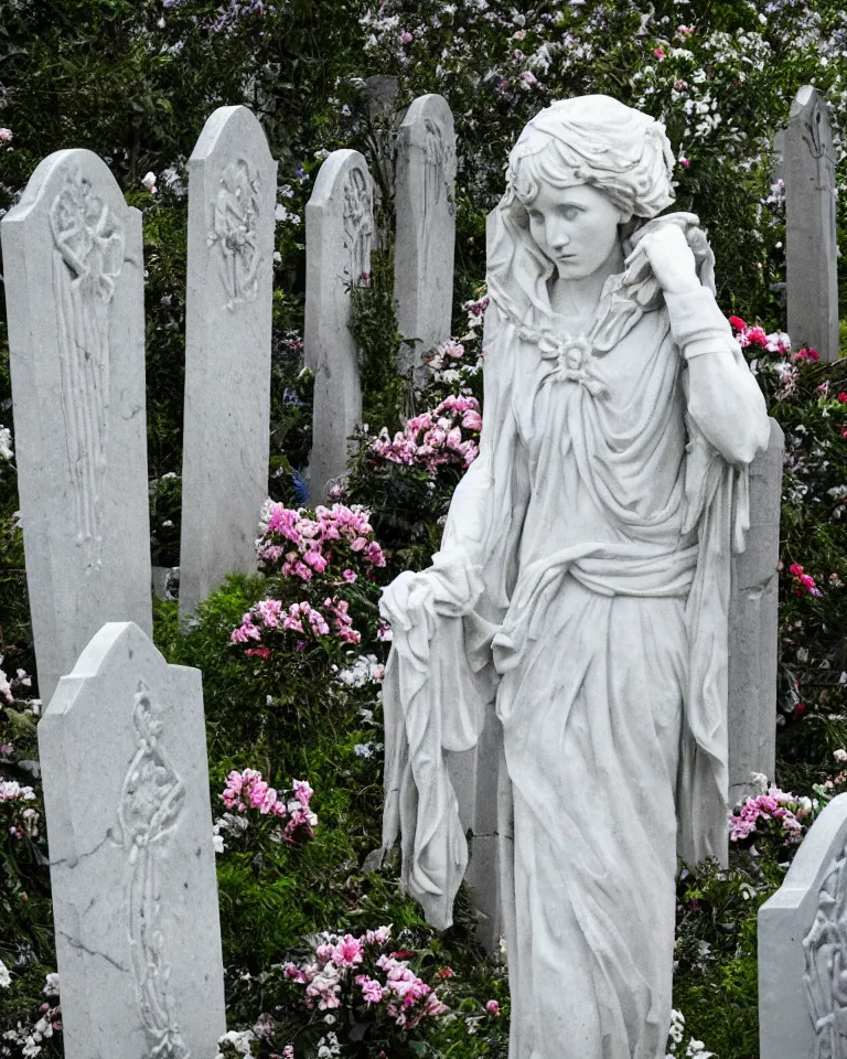 Image similar to an idealistic marble gothic cemetery statue, made of flowers, made of mist, full frame