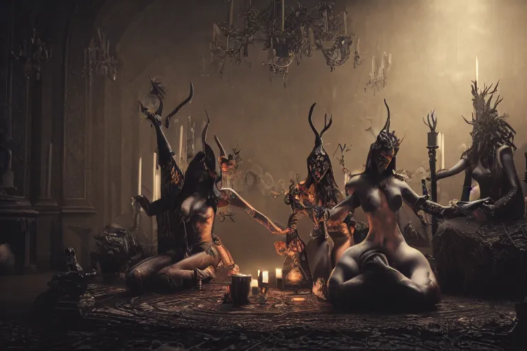 Image similar to dark witches doing a ritual. Ornate details, award winning, Octane render, 4k, 8k, unreal 5, very detailed, hyper control-realism, trending on artstation.”