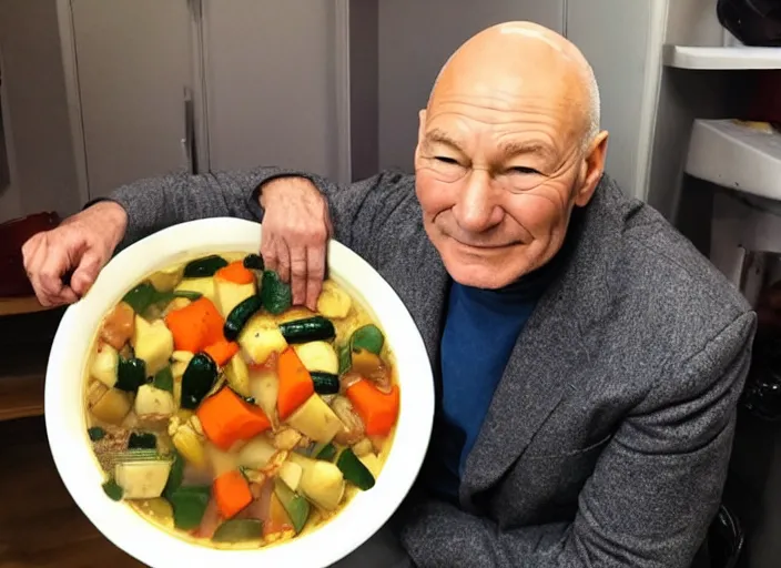 Image similar to patrick stewart sitting in a big bowl of vegetable stew