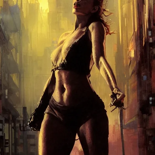 Image similar to anna paquin, hyperrealistic full figure, bladerunner street alley, art of elysium by frank frazetta and by jeremy mann and by alphonse mucha, fantasy art, photo realistic, dynamic lighting, artstation, full figure poster, volumetric lighting, very detailed face, 4 k, award winning