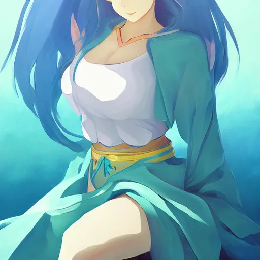 Image similar to aqua from konosuba, painting, cool color palette, refreshing, soft lighting, by hayao myazaki, by wlop