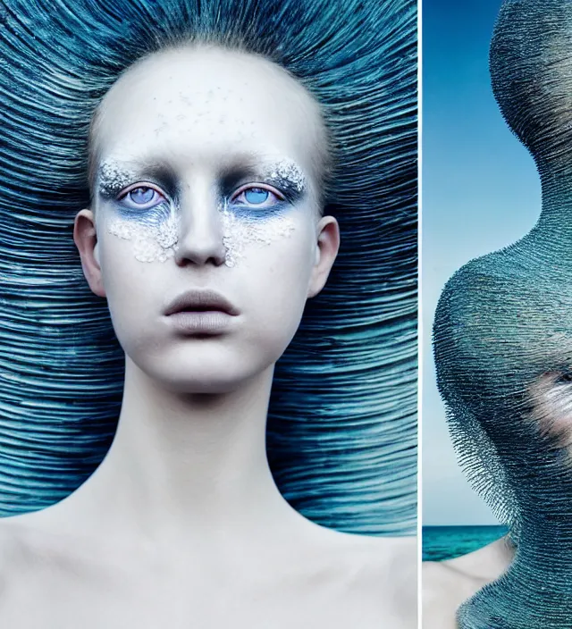 Image similar to photography face portrait of one stunning woman in white beach ocean, dress by iris van herpen, creative colorfull - makeup, curly hair style halflong, photography by paolo roversi nick knight, helmut newton, avedon, and araki, sky forest background, natural pose, highly detailed, skin grain detail