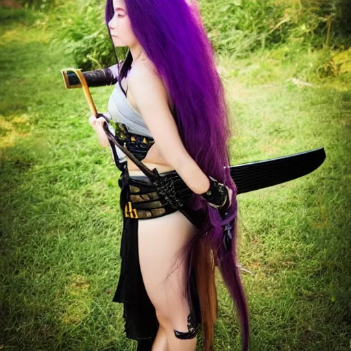 Image similar to beautiful female warrior with long purple hair and katana, diadem