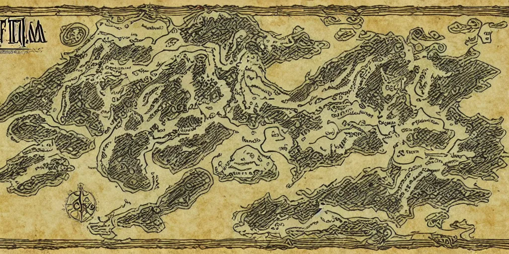 Image similar to face of a wolf in the style of a Map-style Skyrim, Lord of the rings map, zelda breath of the wild map, video game style, drawing on parchment