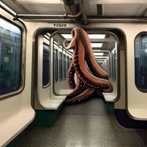 Image similar to of a giant octopus invading a interior of a subway train in new york,