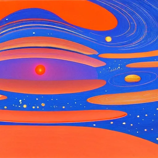 Prompt: Liminal space in outer space by Jean Giraud slightly influenced by Carlos Cruz-Diez and as a painting, there are two orangeish big planets on top of each other in the left side and more planets and stars in the background
