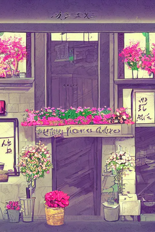 Image similar to a little flower shop's front gate, nostalgic, digital illustration, dramatic lighting, pixiv