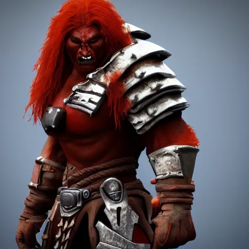 Image similar to beautiful redhead orc with warrior outfit, clash royal style characters, unreal engine 5, octane render, detailed, cinematografic, cinema 4 d