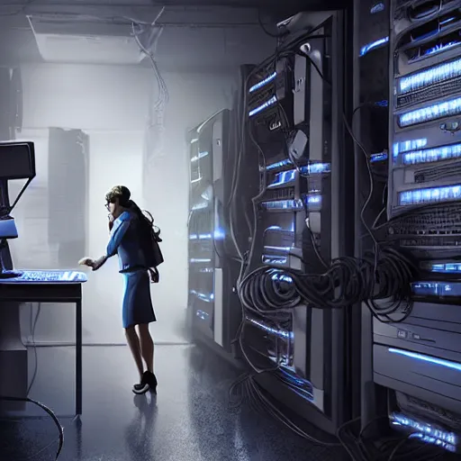 Image similar to illustration an it guy who is plugging a girl through cables to a computer and it cabinet. the girl looki like a mix of emma watson and scarlett johansson and nathalie portman, very details, cinematic render, matte painting by david rutkowski, by artgem