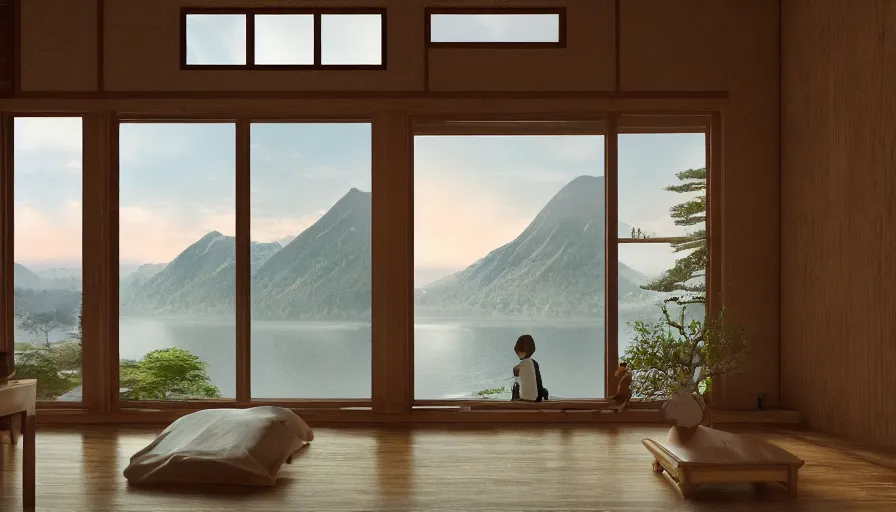 Prompt: interior of a japanese house built on the mountains, view, view on the lake, sunrise through the windows, forest, hyperdetailed, artstation, cgsociety, 8 k