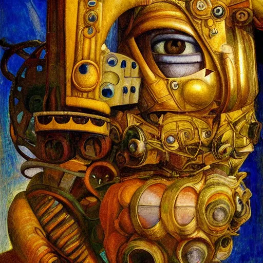 Image similar to masterpiece painting of the head of the robot flower king, by annie swynnerton and diego rivera and jean delville and tino rodriguez, flower mask, symbolist, dramatic lighting, god rays, elaborate geometric ornament, art brut, soft cool colors, smooth, sharp focus, extremely detailed, adolf wolfli