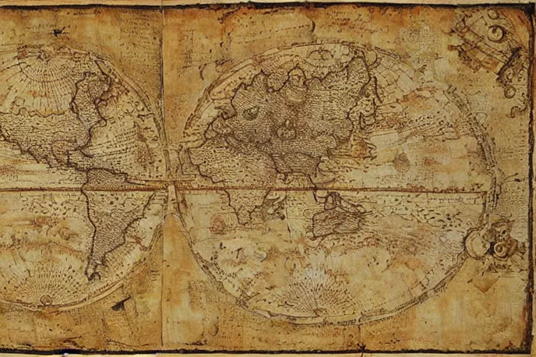 Image similar to papyrus, map of the underworld, pangia, colored extremely detailed thin ancient paper by da Vinci