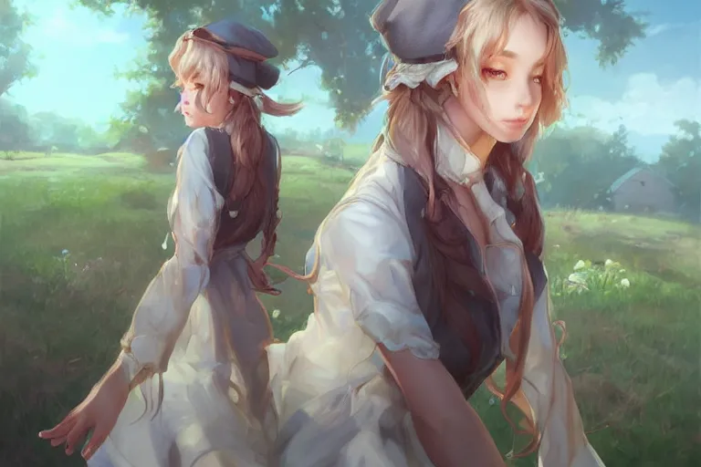 Image similar to a beautiful girl by the cottage in the country, by Artgerm Lau and Krenz Cushart，hyperdetailed, trending on artstation, trending on deviantart