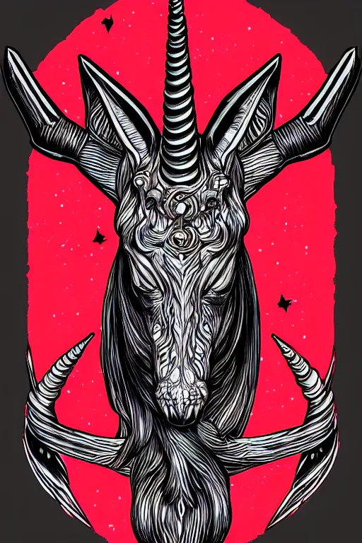 Image similar to satanic unicorn, symmetrical, highly detailed, digital art, sharp focus, trending on art station, red and black