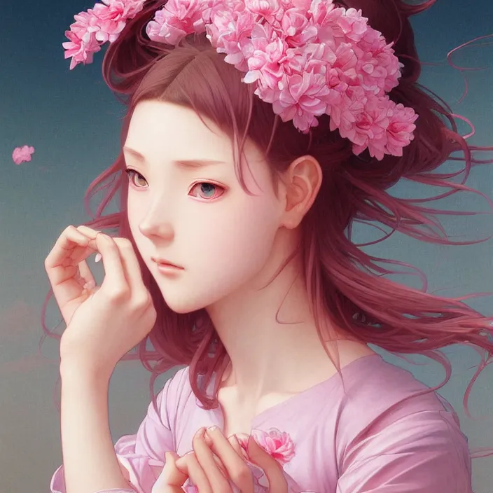 Prompt: pink petals with a shape of an anime girl, krenz, ghibli, anime style, intricate, elegant, highly detailed, wonderful eyes, sweet, digital painting, artstation, concept art, smooth, sharp focus, illustration, art by artgerm and greg rutkowski and alphonse mucha and william - adolphe bouguereau
