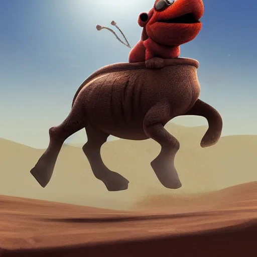 Prompt: Elmo riding a hippo through a desert landscape, digital painting, artstation, concept art, smooth, sharp focus, illustration, hyperrealistic, photorealistic