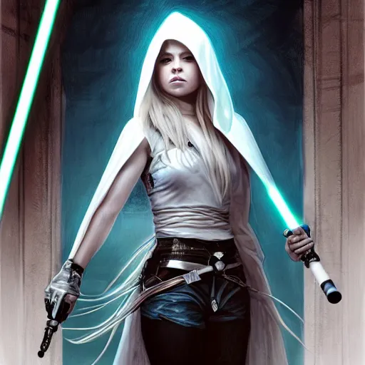 Image similar to perfect drawing of avril lavigne wearing white cloak holding light saber, intricate, highly detailed, digital painting, artstation, concept art, smooth, sharp focus, illustration, unreal engine 5, 8 k, art by artgerm and greg rutkowski and alphonse mucha