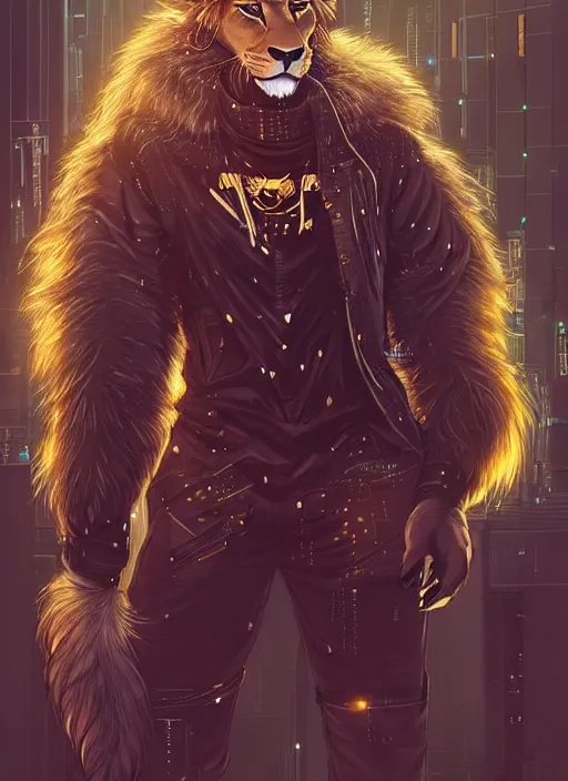 Image similar to award winning beautiful portrait commission of a male furry anthro lion fursona with a tail and a cute beautiful attractive detailed furry face wearing stylish black and gold cyberpunk clothes in a cyberpunk city at night while it rains. Character design by charlie bowater, ross tran, artgerm, and makoto shinkai, detailed, inked, western comic book art