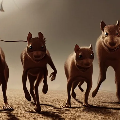 Image similar to 3 blind mice in cinematic race with horses of the apocalypse