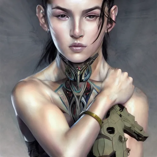 Image similar to tattoo design, a professional painting of a beautiful young female, partially clothed in battle armor, olive skin, long dark hair, beautiful bone structure, symmetrical facial features, intricate, elegant, digital painting, concept art, smooth, sharp focus, illustration, from Metal Gear, by Ruan Jia and Mandy Jurgens and Greg Rutkowski and Artgerm and William-Adolphe Bouguerea and artgerm, cat girl, anime