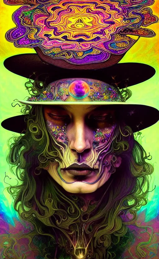 Image similar to An extremely psychedelic celestial undertaker in his black fedora hat, colorful, surreal, dramatic lighting, magic mushrooms, psilocybin, LSD, face, detailed, intricate, elegant, highly detailed, digital painting, artstation, concept art, smooth, sharp focus, illustration, art by Krenz Cushart and Artem Demura and alphonse mucha