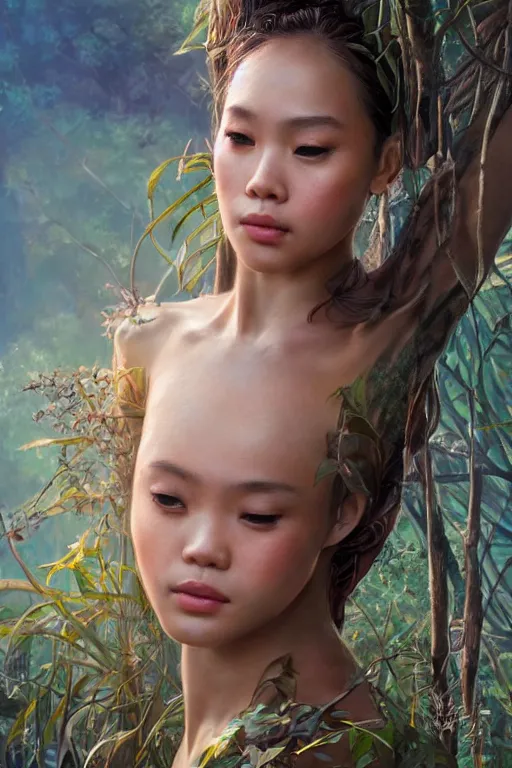 Image similar to stunningly beautiful, filipina prima ballerina in jungle, symmetrical face, golden hour, smooth, focus, highly detailed, hyper realistic, dramatic lighting, elegant, intricate, concept art, art by wlop, mars ravelo, greg rutowski, artstation