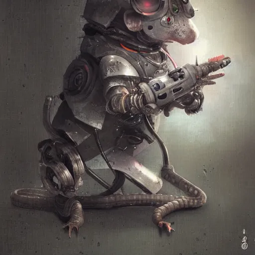 Image similar to a rat cyborg playing with a tb-303 synthesizer, by ruan jia