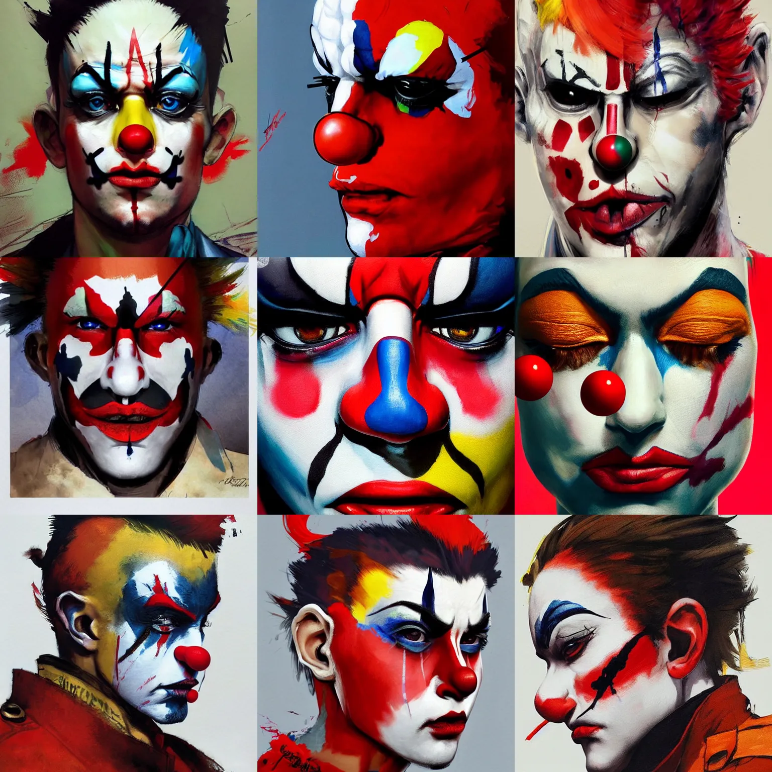 Prompt: a beautiful side portrait painting of a clown soldier, with a red ball nose. the makeup is pretty colorful. art by yoji shinkawa and sandra chevrier, trending on artstation, award - winning, perfect composition.