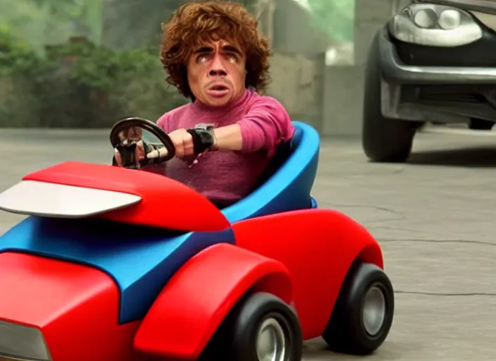 Prompt: peter dinklage racing gizmo from gremlins driving a little tikes cozy coupe, movie still, from the new fast and furious movie, 8 k, realistic
