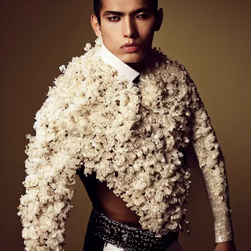 Image similar to a portrait of a beautiful young mexican male wearing alexander mcqueen couture , photographed by andrew thomas huang, artistic