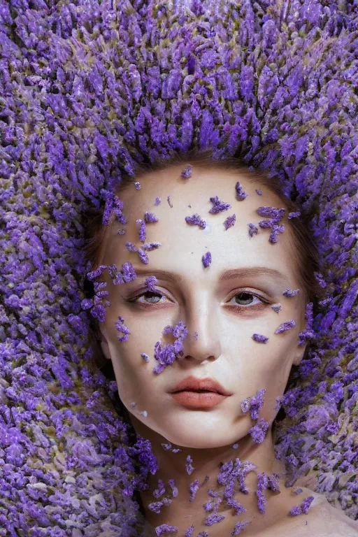 Image similar to hyperrealism close - up mythological portrait of a exquisite medieval woman's shattered face partially made of lavender flowers in style of art deco, wearing silver silk robe, dark palette