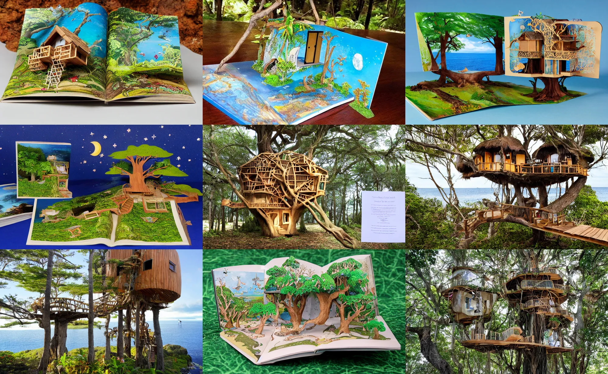 Prompt: pop up book of a mystical island treehouse on the ocean