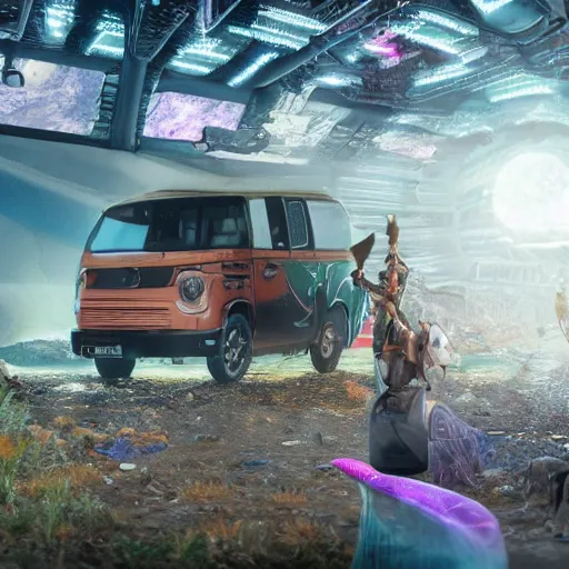 Image similar to bizarre interdimensional scene of a time-traveling VW microbus loaded with space hippies jaunting through a wormhole into the unknown. ultra-wide shot, detailed, trending on artstation, light effect, 8k, unreal engine 5, epic, masterpiece, highly detailed