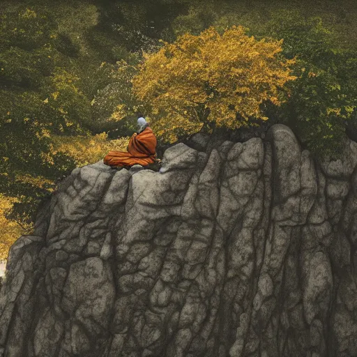 Prompt: a close up of a monk floating above a large rock in the mountains with trees in the background. highly detailed beautiful digital wallpaper art, 4 k, cinematic composition