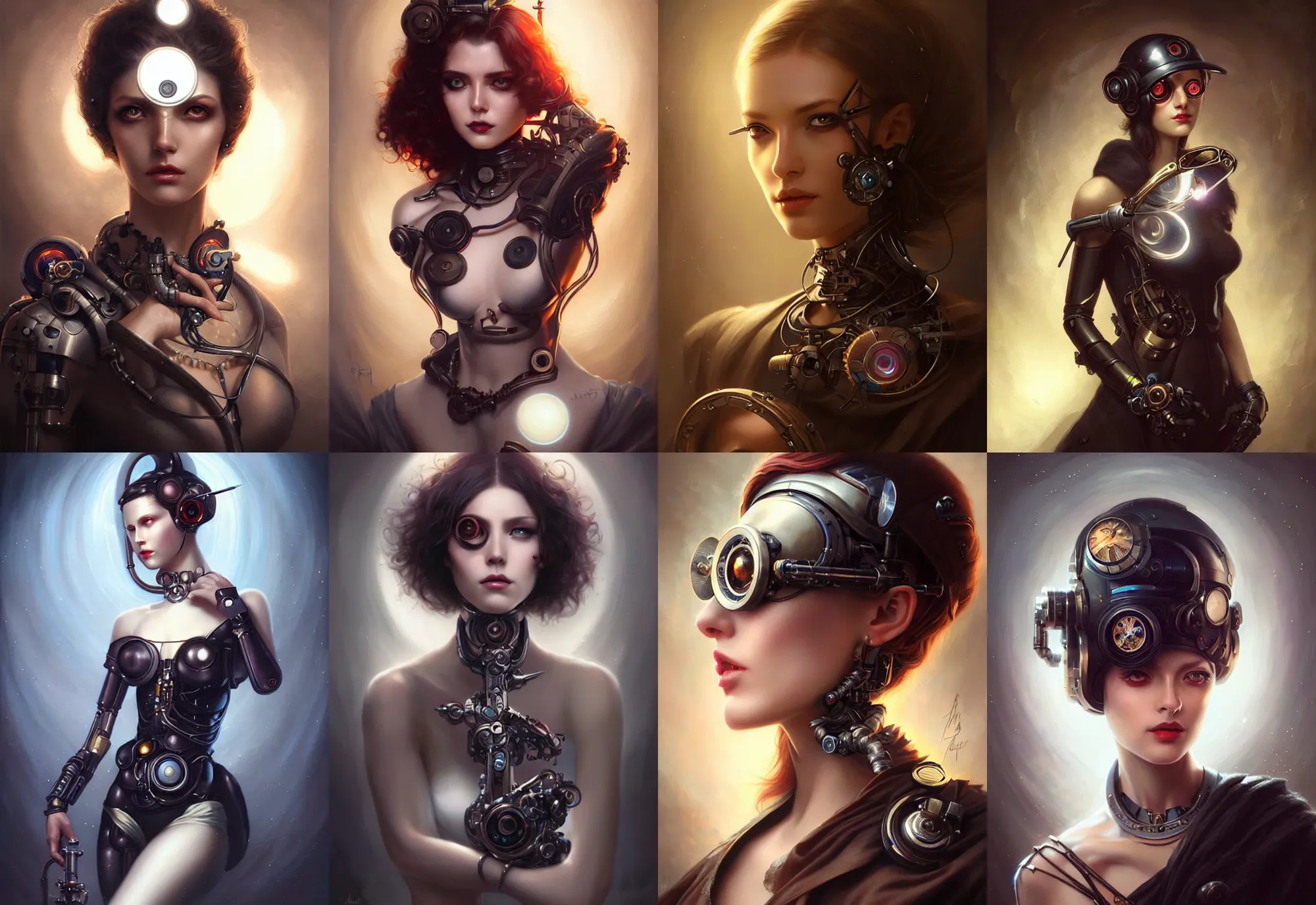 Prompt: a beautiful woman wearing a cybernetic monocle, painted by artgerm and tom bagshaw, fantasy art, dramatic lighting, highly detailed oil painting