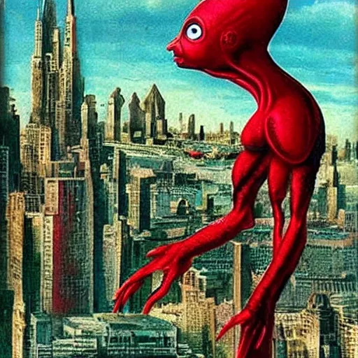 Image similar to A beautiful illustration of a strange, red alien creature looming over a green cityscape. The alien has several eyes and one mouth and its body is covered in scales. It seems to be coming towards the viewer, who is looking up at it in fear. By Max Ernst and Maciej Rebisz