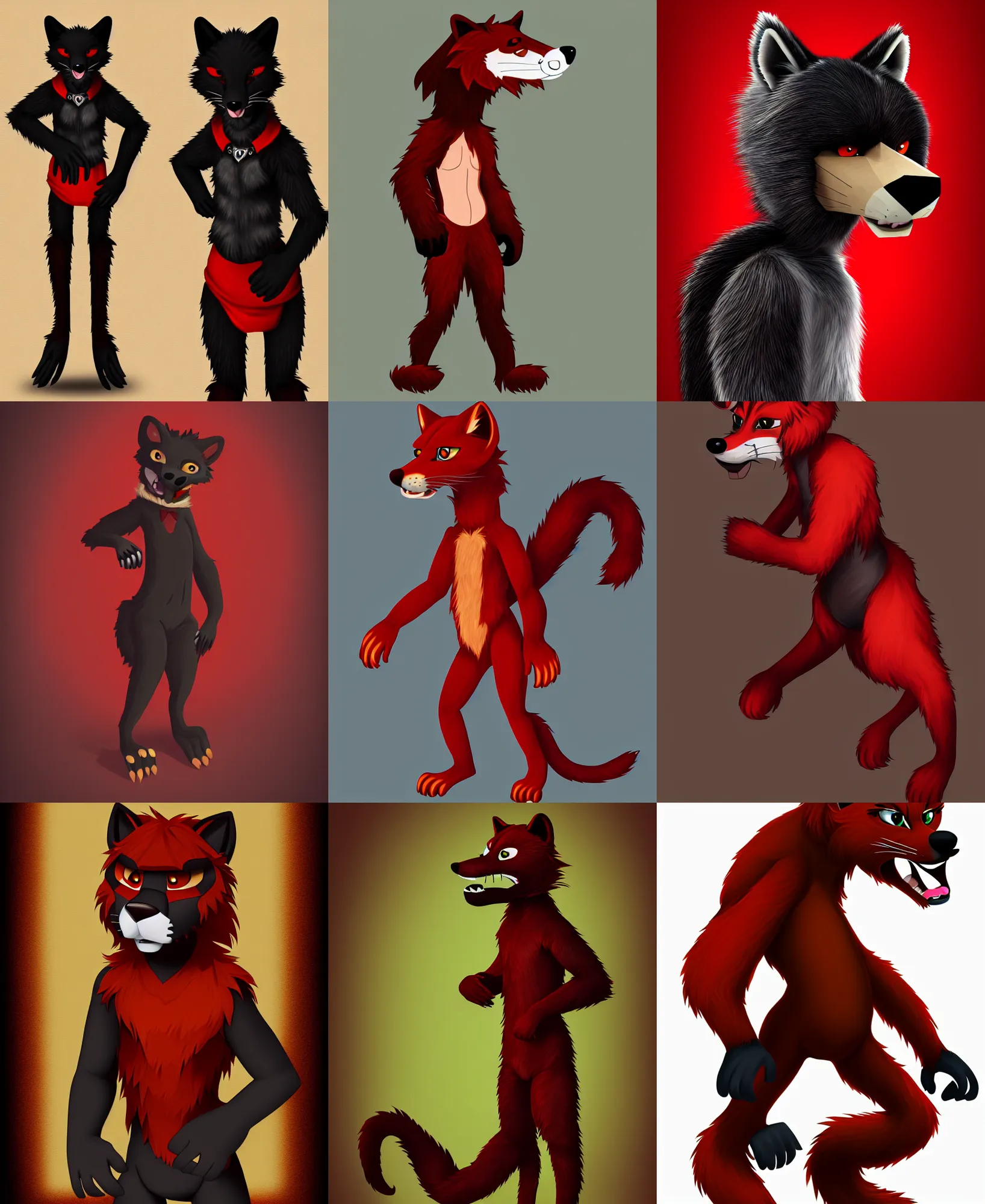 Prompt: fullbody photoshoot photo portrait of a roguish male red - black furred bipedal weasel furry fursona / fursuiter, photorealistic