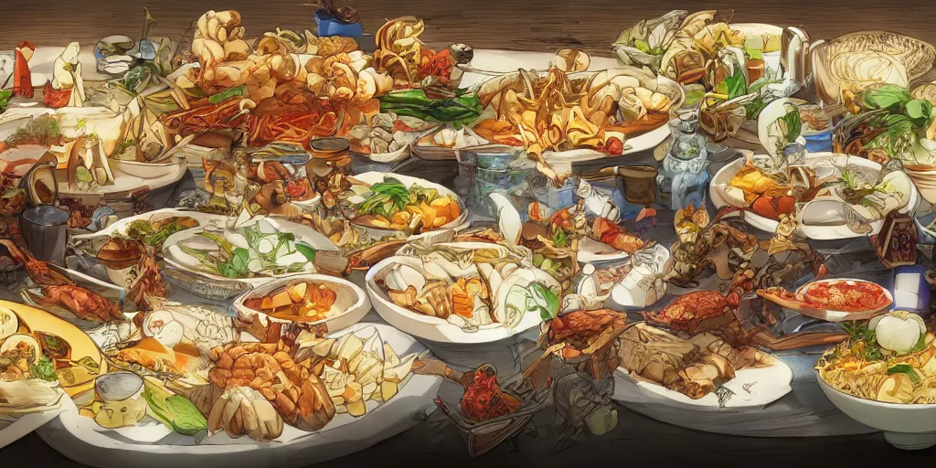 Image similar to A feast for the Yakuza, very detailed, anime, Delicious, Plump, Juicy, Hot Food, large white border, hd, 8k, Unreal Engine 5, high resolution print :1 by Hayao Miyazaki, Nausicaa, studio Ghibli style, Anime wallpaper, cell shading, trending on deviant art :1