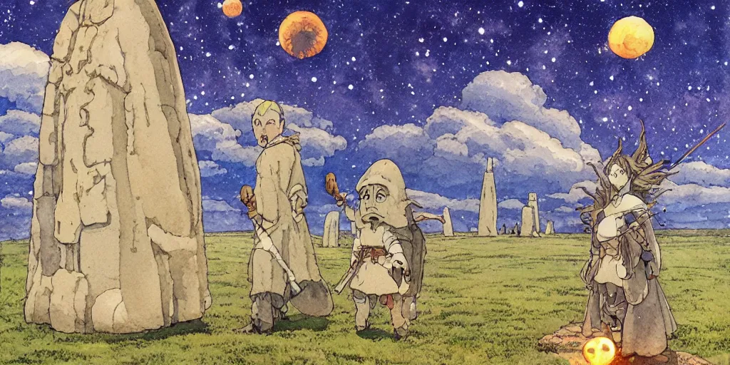 Image similar to a hyperrealist studio ghibli watercolor fantasy concept art of a giant medieval monk and a small grey alien in stonehenge with a starry sky in the background. a giant gold ufo is floating in the air. by rebecca guay, michael kaluta, charles vess