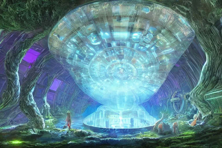 Prompt: neo - atlantean cyber monastery at the core of the hollow earth, giant glowing crystals, hyper detailed surreal sunny outdoor landscape