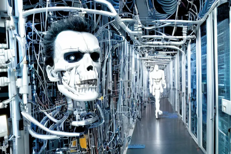 Image similar to t 8 0 0 from movie terminator 1 9 8 4, staying in data center.