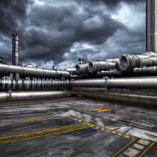 Image similar to Stormy sky with thunders, pipes and vaults system in the background, depth of field, blueshift render, photorealistic
