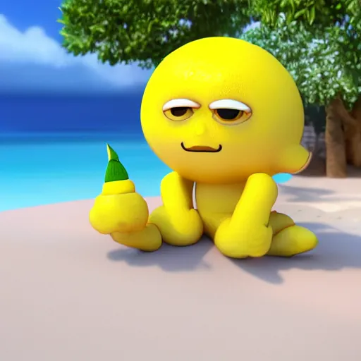 Prompt: a super cute cartoon network lemon character, it's is relaxing on a beach, by dalle - 2, octane render, 3 d, volumetric lightening,