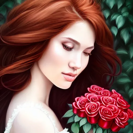 Image similar to portrait of a gorgeous woman holding a bouquet of roses, auburn hair, intricate, white dress, elegant, highly detailed, 8 k, art by artgerm, mark hill